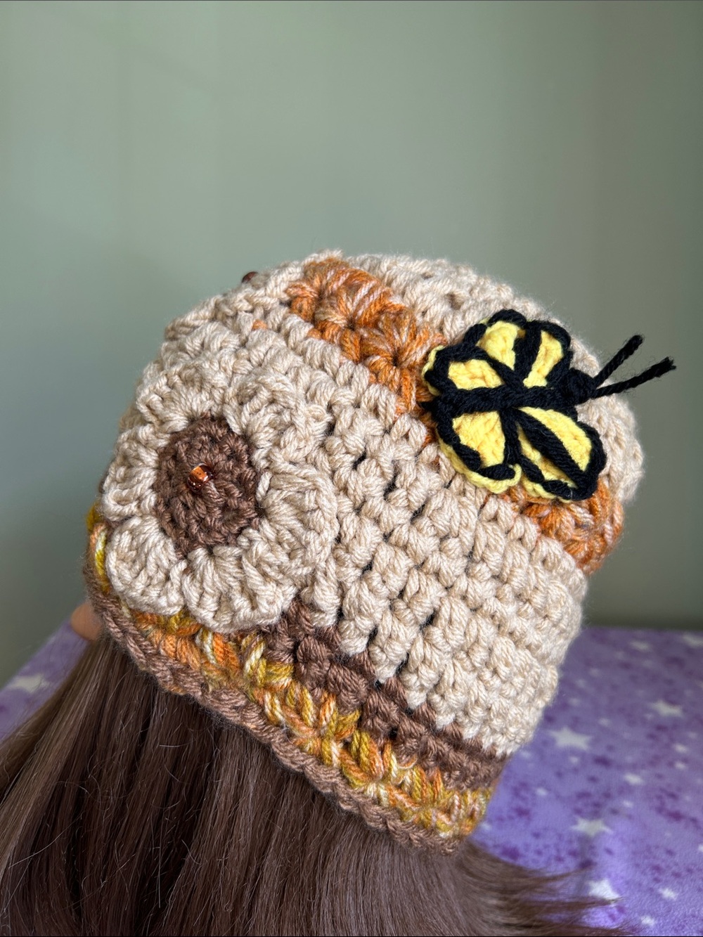 Handmade boho hemp acrylic medium Crochet Flower Beanie